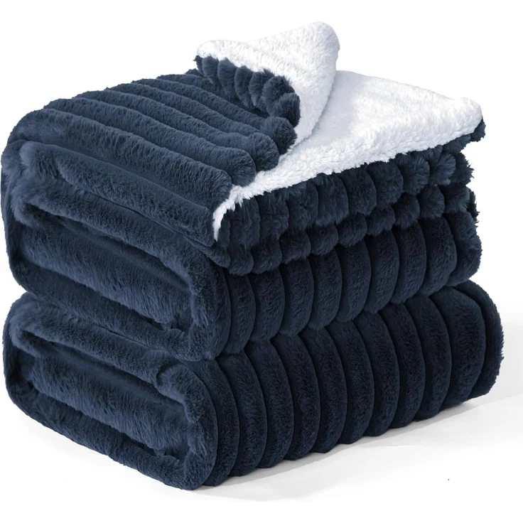 BEDELITE Kuscheldecke Flauschig Decke Groß - Dicke XXL Sherpa Decken Blau 220x240 für Bett, warme Cord Kuscheldecken Dunkelblau weiche Fleecedecke Wohndecke als Tagesdecke für Schlafzimmer – Bild 1