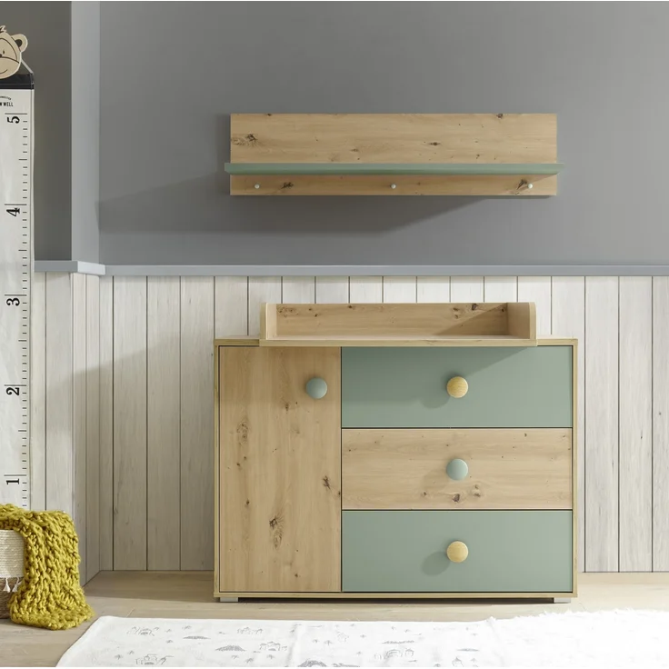 Wandboard >Birta< 3 Haken, Ablage, Artisan Eiche Dekor / Salbei - 120x30x25,5cm (BxHxT) – Bild 7