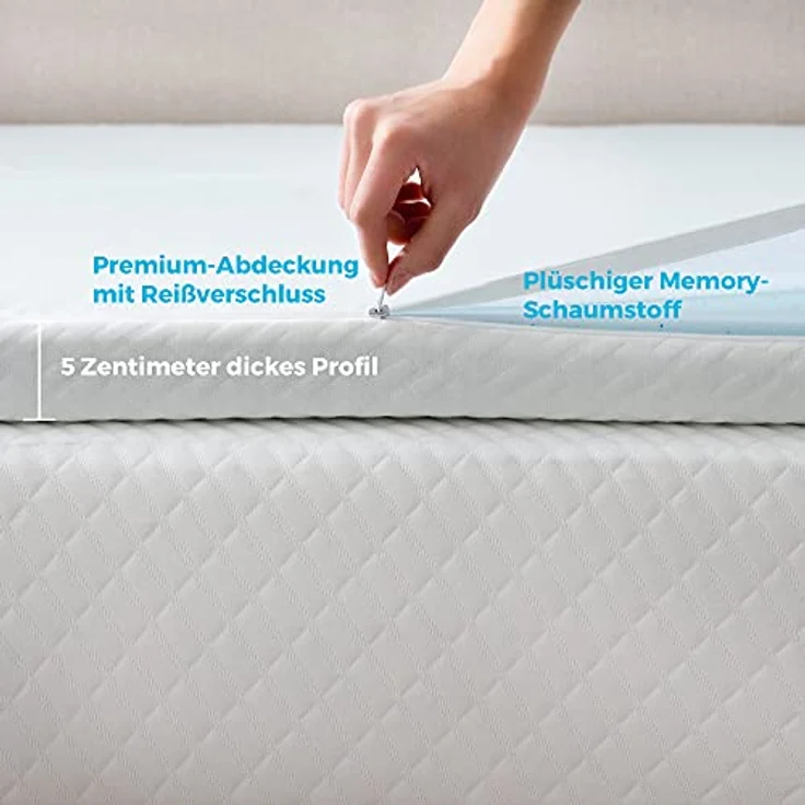 Linenspa Matratzen Topper 135x190 cm, 5cm hoch – Matratzenauflage mit Gel Memory Foam und waschbarem Bezug mit Reißverschluss – Öko-Tex, Weiß – Bild 6