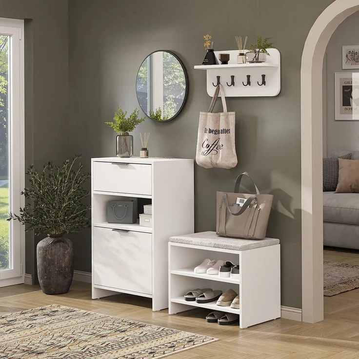 Roomart LENA Garderobenset 4-teilig – Schuhschrank, Sitzbank, Wandgarderobe & runder Spiegel – kompakte Flurgarderobe 120 cm – H 95 x B 60 x T 37 cm (Schuhschrank) • Weiß – Bild 1