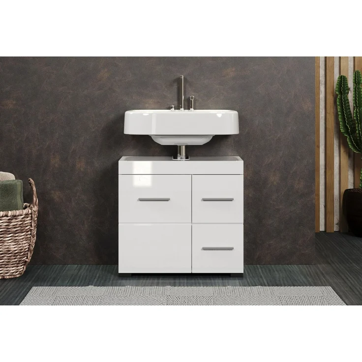 trendteam smart living - Amanda - Waschbeckenunterschrank - Weiß/Weiß Hochglanz - Waschtisch mit 1 Tür, 1 Einlegeboden, 2 Schubkästen Vollauszug – (BxHxT) 60 x 56 x 34 cm - Unterschrank mit Schubladen – Bild 5
