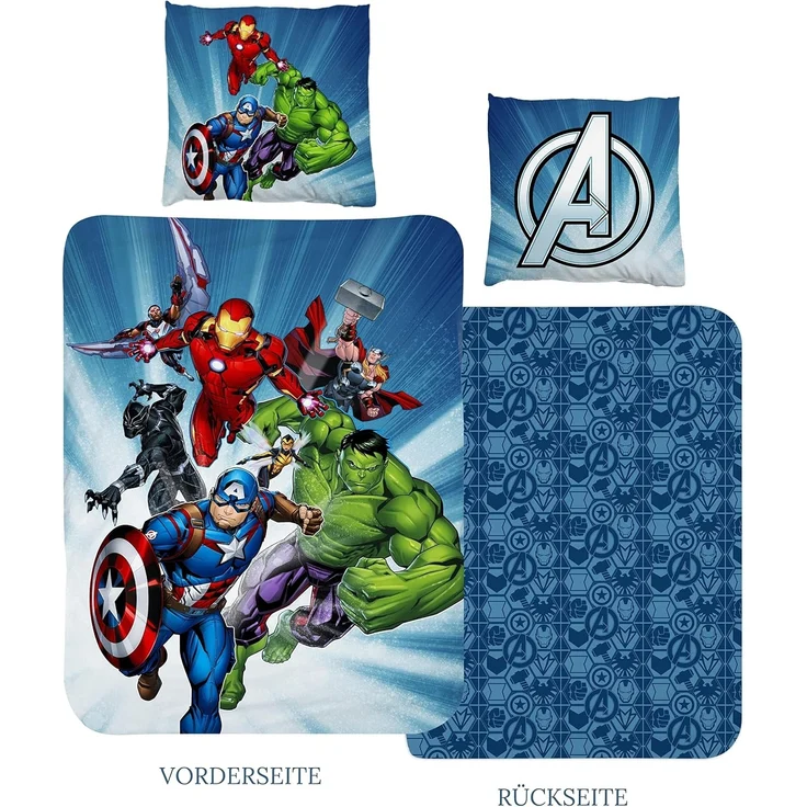 MTOnlinehandel Bettwäsche Avengers Marvel 135x200 + 80x80 cm, 100 % Baumwolle, Renforcé, 2 teilig, Jungen Kinderbettwäsche mit Captain America, Iron Man, Hulk & Thor – Bild 2
