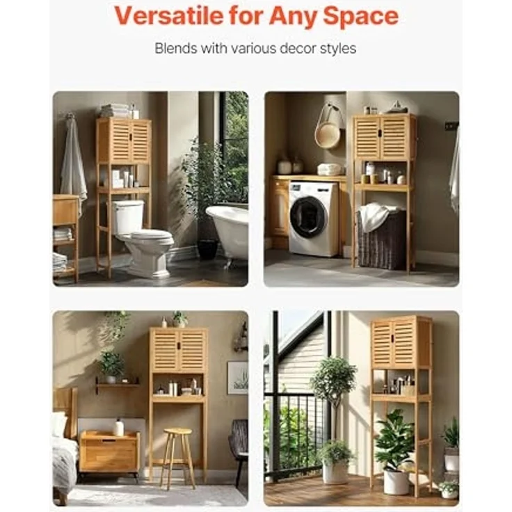 VEVOR Toilettenschrank Badezimmerschrank mit Doppeltür & verstellbarem Regal, platzsparender 3-stöckiger Badschrank über der Toilette mit offenem Regal, 65 x 27 x 175 cm Aufbewahrungsschrank Natur – Bild 7