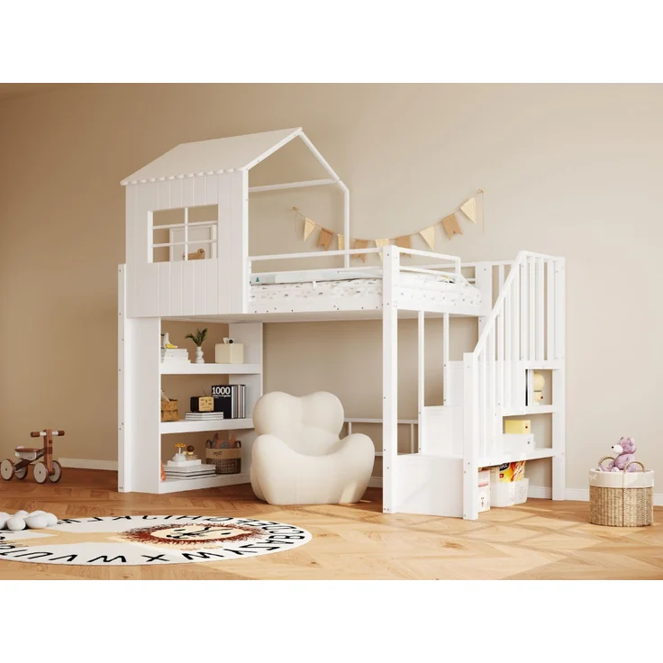 Merax Hochbett 90×200 cm, Kinderbett, Jugendbett, Hausdesign, Mehrstöckiges Stauraumregal, Sichere Treppe (montierbar links/rechts), Weiß – Bild 6