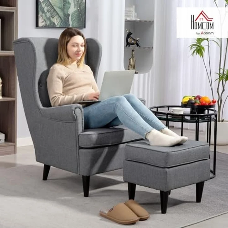 HOMCOM Relaxsessel Ohrensessel mit Hocker, Polsterstuhl mit Liegefunktion (Polstersessel mit hoher Rückenlehne aus Stoff, 2-St, TV-Sessel für Schlafzimmer, Wohnzimmer), 83 x 75 x 104 cm, Grau – Bild 2
