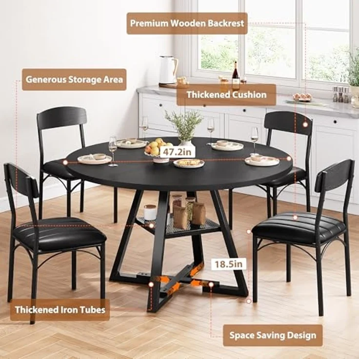 Jocoevol Runder Esstisch und 4 Esszimmerstühle Set, Essgruppe 5-Teilig, Esszimmertisch mit Ablage und 4 stühle, platzsparender Küchentisch aus Holz im Industrial Design (Schwarz, 120 x 120 x 76 cm) – Bild 4