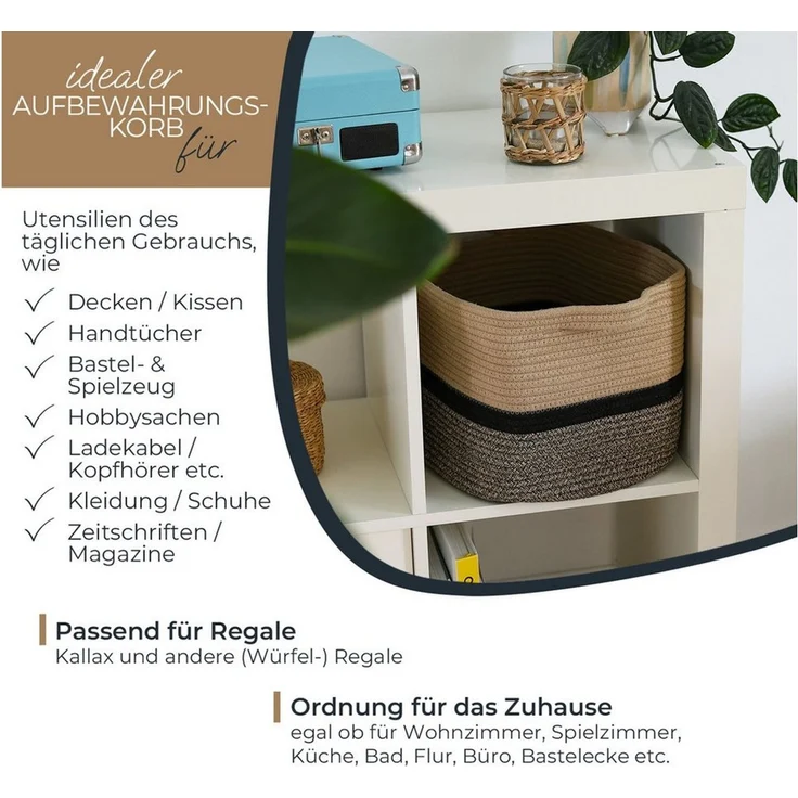 HMF Aufbewahrungskorb Aufbewahrungskorb mit verlängerten Griffen, Korb aus Baumwolle, 36 x 30 x 25 cm, Schwarz-Honig – Bild 2