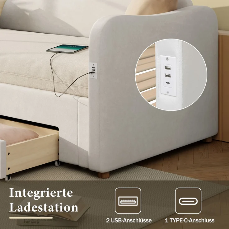 ZUBALIYA Schlafsofa 90 x 200 cm mit Schubladen, USB-Anschluss, gepolstertem Kopfteil, Samt, Beige – Bild 6