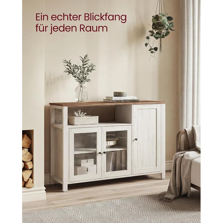 VASAGLE Küchenschrank, 33 x 110 x 75 cm, Aufbewahrungsschrank im Landhausstil, für Esszimmer oder Küche, braun-weiß – Bild 8