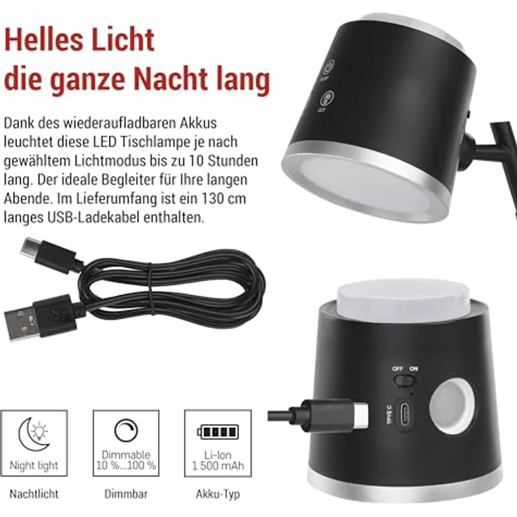 EMOS LED Akku-Tischlampe 4in1 ABBIE, 6W, 300lm, dimmbar, einstellbare Lichtfarbe, 1500mAh Li-Ion Akku, 33h Leuchtdauer, schwarz, Z7636B – Bild 3
