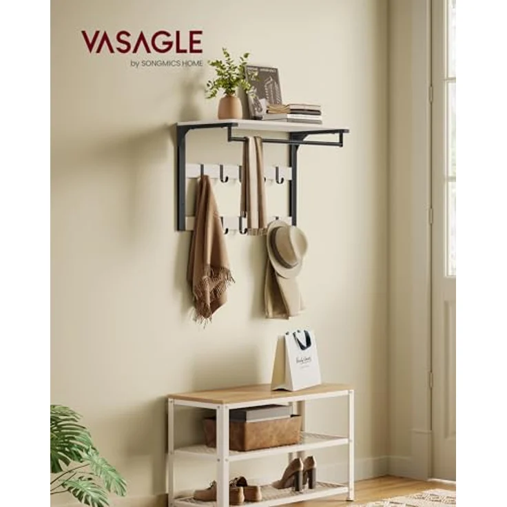 VASAGLE Wandgarderobe, mit Ablage, Wandregal mit 10 abnehmbaren Haken, Hängeregal, Wandmontage, 2 Garderobenleisten, Kleiderstange, für Flur, Schlafzimmer, Badezimmer, vintageweiß-schwarz LCRDE101W03 – Bild 2