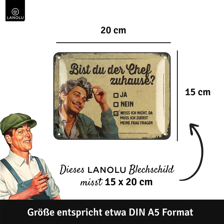 LANOLU Blechschild Chef Zuhause - 15x20cm – Metall – Beige – 15229 – Bild 4