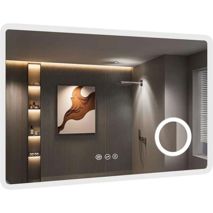 Gimbelen LED Badspiegel 80x60 cm, rechteckig, mit 3 Lichtfarben & Dimmfunktion, 3-fach Vergrößerung, Rasiersteckdose, Antibeschlag & Speicherfunktion, IP44, Silber