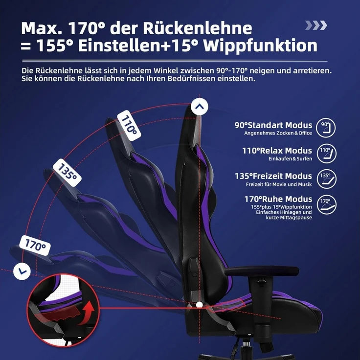 Hiazurm Gaming-Stuhl Gaming Stuhl, Bürostuhl Ergonomisch Wippfunktion bis zu 170° (Verstellbarem Lenden- & Kopfkissen, Gamer Stuhl 150kg Belastbarkeit), Verstellbarem Lenden- & Kopfkissen, Gamer Stuhl 150kg Belastbarkeit – Bild 2