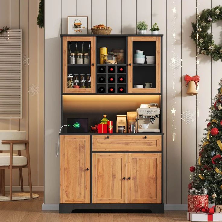 Küchenschrank, Hochschrank, Aufbewahrungsschrank, Vitrinenschrank mit Tür, integriertem Gewürzregal, verstellbaren Einlegeböden,mit farbwechselnder LED-Beleuchtung und Steckdose, 180 × 105 × 40 cm--Schwarz + Natur--105x40x180cm--YOUDENOVA – Bild 9