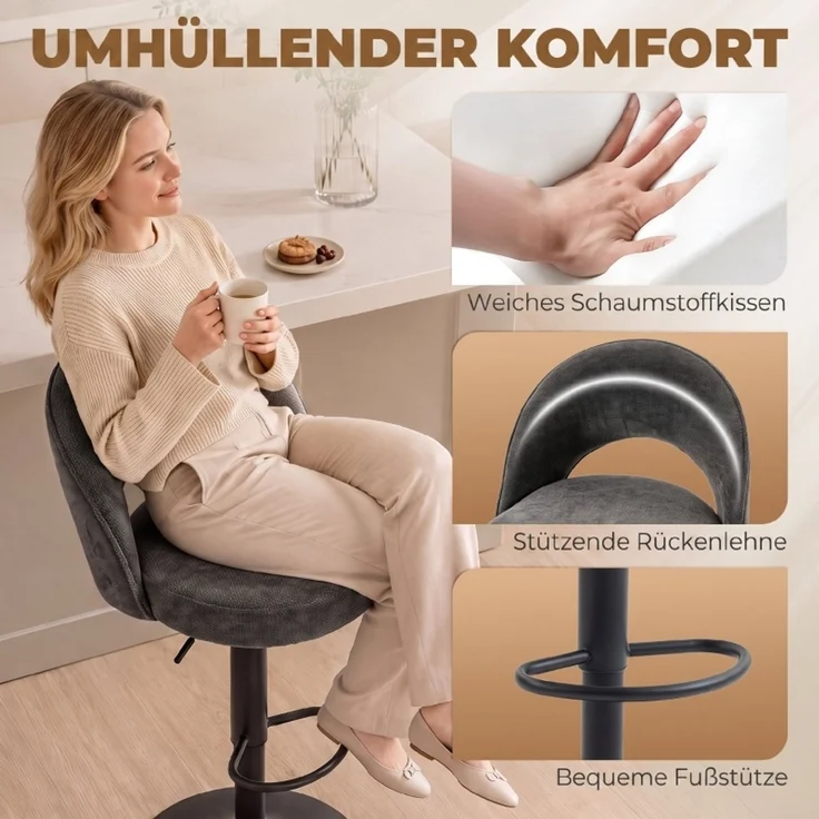 Barhocker 2er-Set, höhenverstellbar und drehbar, für Theke, Dunkelgrau--Dunkelgrau--49.5x48x110cm--YOUDENOVA – Bild 5