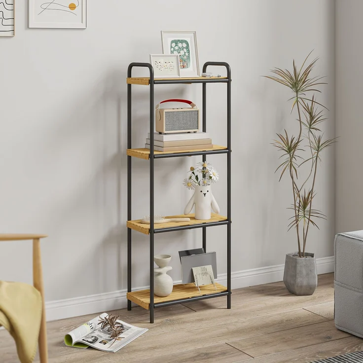 Badezimmerregal, schmaler, freistehender Aufbewahrungsregal mit 4 Ebenen aus Bambus, 1,5 x 21,5 x 106 cm, Naturholzoptik – Bild 4