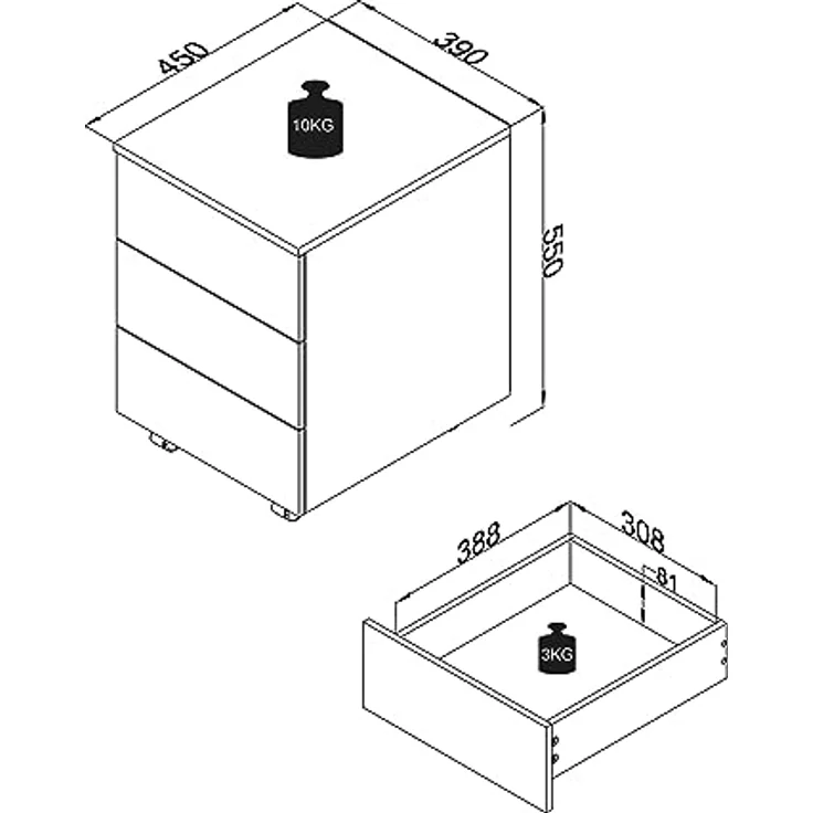MID.YOU Rollcontainer, Weiß, Holzwerkstoff, 3 Schubladen, erweiterbar, griffloses Öffnen, 39x55x45 cm – Bild 3