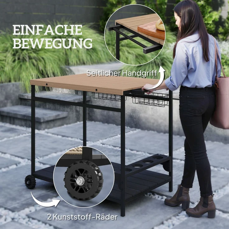 Servierwagen, Küchenwagen, 2 Etagen, 4 Flaschenhalter, In/Outdoor, Natur/Schwarz--Naturholz--81x65x97.5cm--YOUDENOVA – Bild 7