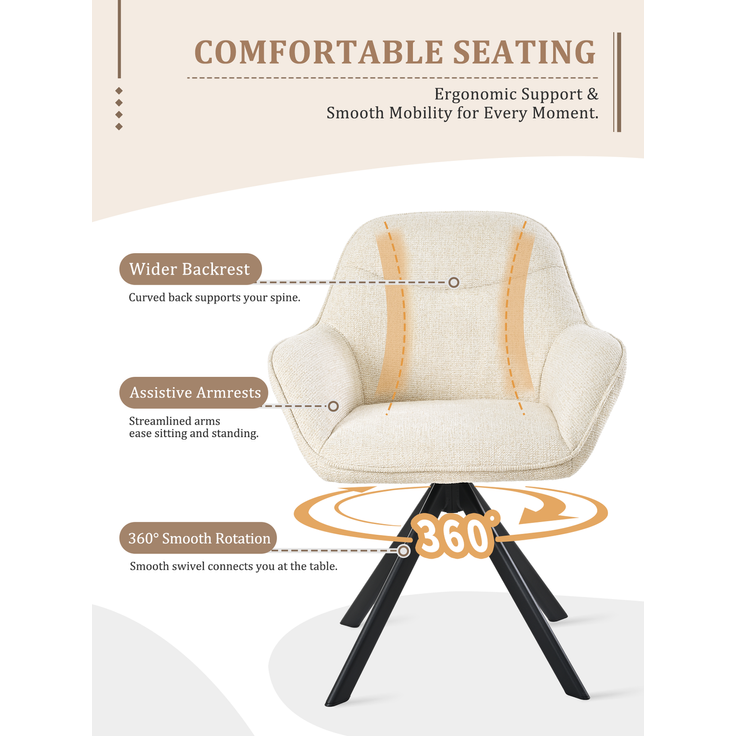 GOEURVANT 1370 Esszimmerstühle 4er-Set mit Armlehnen, 360° Drehbar, Chenille - Creme – Bild 7