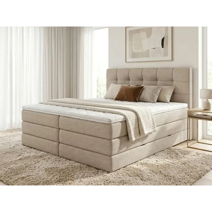Boxspringbett Best XL mit 2 Bettkästen und Topper, mit Taschenfederkern- und Bonellfederkernmatratze, Doppelbett, Polsterbett aus Webstoff mit Stauraum (Beige (Inari 22), 180x200 cm) – Bild 2