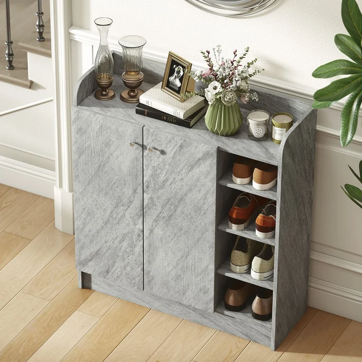 Schuhschrank, Platz für 12 Paar Schuhe, 2 Türen und 4 offene Fächer, für Flur oder Eingangsbereich, Grau--Grau--90x30x83cm--YOUDENOVA – Bild 10