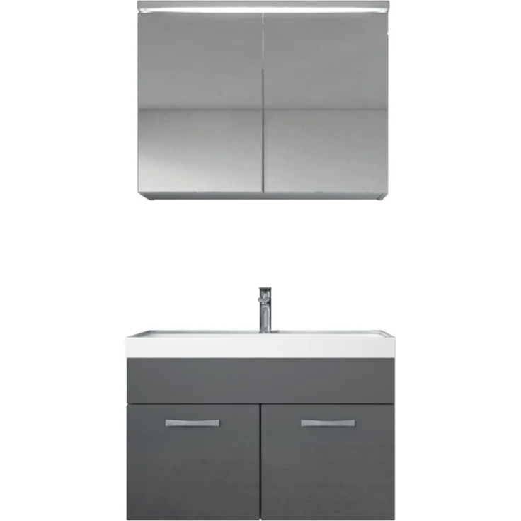 Badplaats Badmöbel Komplettset Paso 02 80 x 40 cm Weiß mit Grau Hochglanz - Badezimmermöbel mit Waschbecken und Spiegelschrank – Bild 1