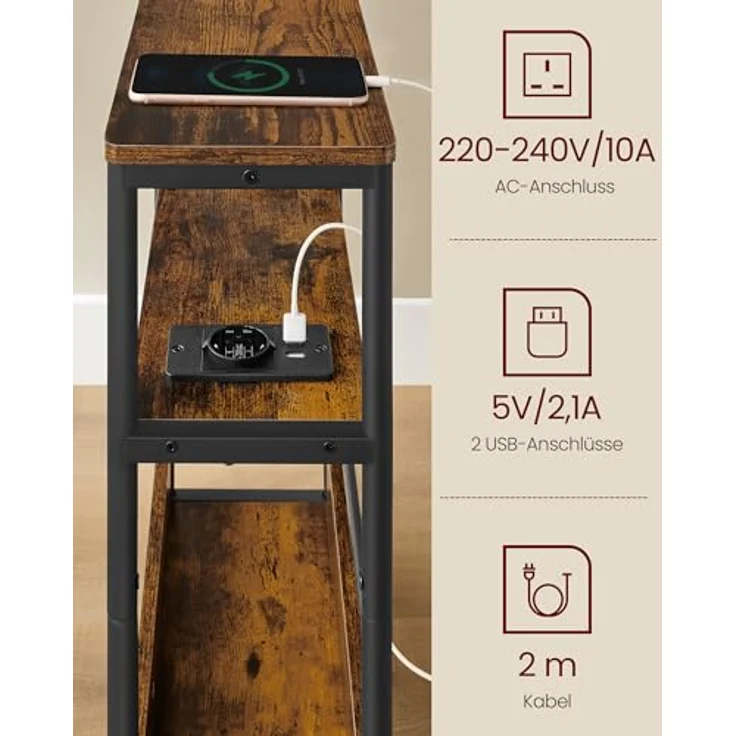 Vasagle Beistelltisch schmal, Nachttisch mit Ladefunktion, Couchtisch klein, 3 Ablagen, Zeitschriftenhalter, für Wohnzimmer, Schlafzimmer, Arbeitszimmer, vintagebraun-tintenschwarz LET335K02 – Bild 6