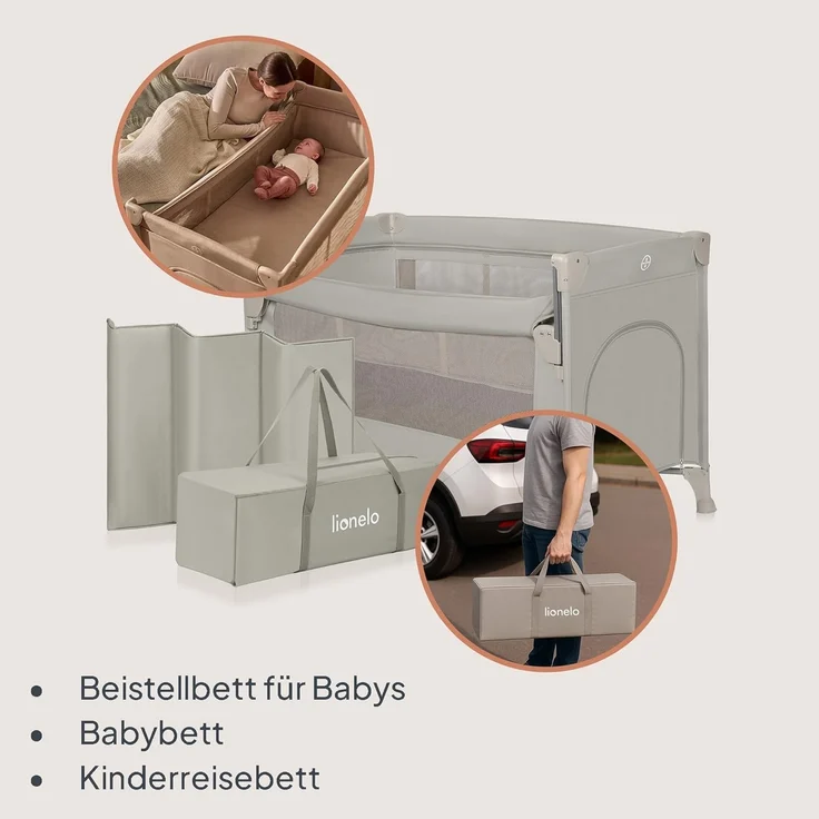 Lionelo Ellen 3 in 1 Reisebett von 0 bis 3 Jahren, Beistellbett für Neugeborene und ältere Kinder bis 15 kg, 2 Matratzenhöhen, Befestigungsgurte, seitlicher Reißverschluss, 2 Rollen, Tasche – Bild 3