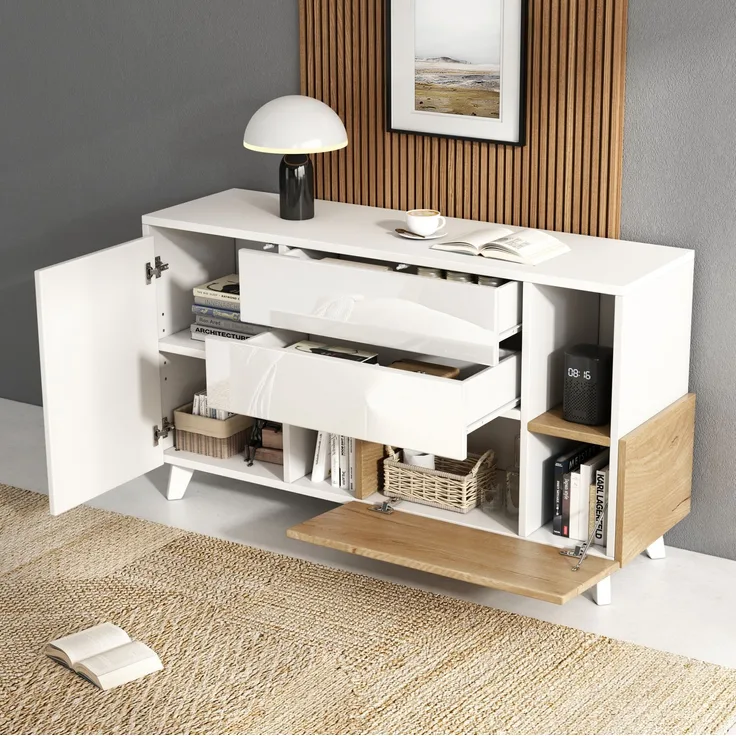 DESVIAE Sideboard mit 2 Schubladen und Klapptür, 130x70x40 cm, Spanplatte, Weiß Hochglanz/Helle Eiche