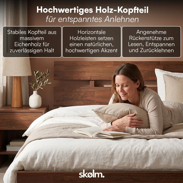 skølm 'Alver' Bett 180x200 cm, Bettgestell, natur geölt, Massivholzbett aus Eiche mit Metallkufen, Walnuss Optik, Bettkopf 2 Streben – Bild 5