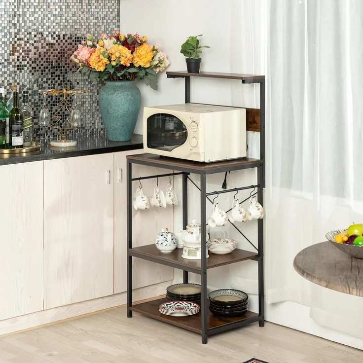 FurnitureR Kitchen Shelf mit Powerstreifen, 3-stufiger Aufbewahrungsschrank, Mikrowellen-Halterung, vertikale Ablage für Dining Room mit 2-Sockel und 6 S-Haken, industrieller rustikaler Braun,