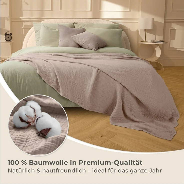 LAYNENBURG Premium Musselin Tagesdecke 150x200 cm - 100% Baumwolle - extraweiche, leichte Sommerdecke als Kuscheldecke, Bett-Überwurf, Baumwolldecke, Couch-Überwurf - warme Sofa-Decke (Taupe) – Bild 4