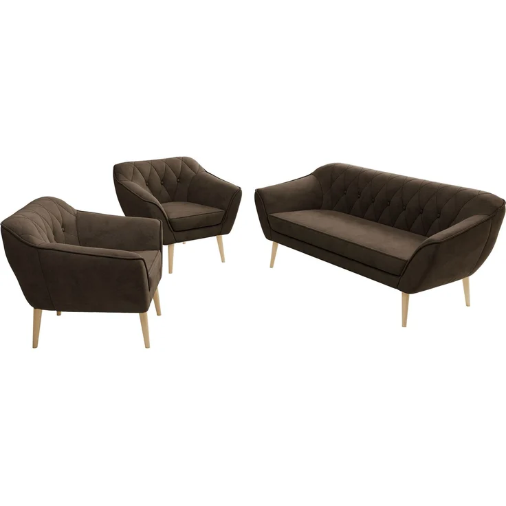 Wohnzimmerset PIRS 1-1-3, Skandinavisches 3-Sitzer Sofa mit Sesseln, Sofa mit Wellenfederung, Buche Füße, Skandinavisches Möbelset - Braun Velvet – Bild 8