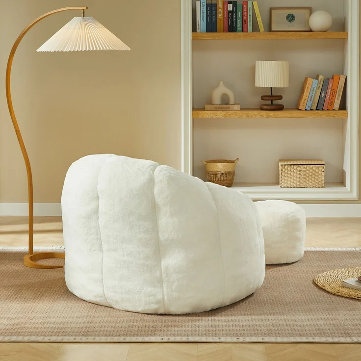 Sitzsack 105 x 105 x 70 cm in Blütenform mit Fußhocker – cremeweiß – Bild 2