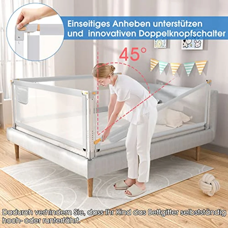 YIKANWEN Bettgitter, 140cm Bettschutzgitter ​für Kinder ab 0-10 Jahren, einziehbare Kinderbettgitter Babybettgitter,passend für Kinderbetten, Elternbetten, Alle Massivholzbetten（Nur 1 Stück） – Bild 4
