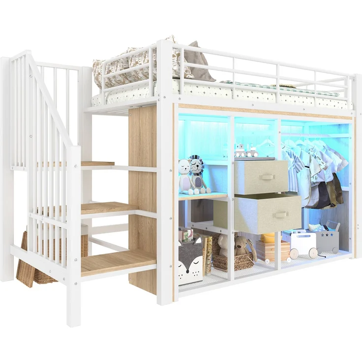 Hochbett 140×200 cm aus Metall und MDF mit LED-Beleuchtung und Stauraum, schwarz – Bild 4