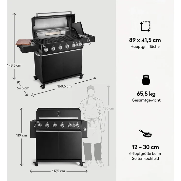 BURNHARD® Fat FRED Deluxe Gasgrill 6-Brenner, Gusseisenrost, Schwarz-Matt - Schwarz - #947150 – Bild 3