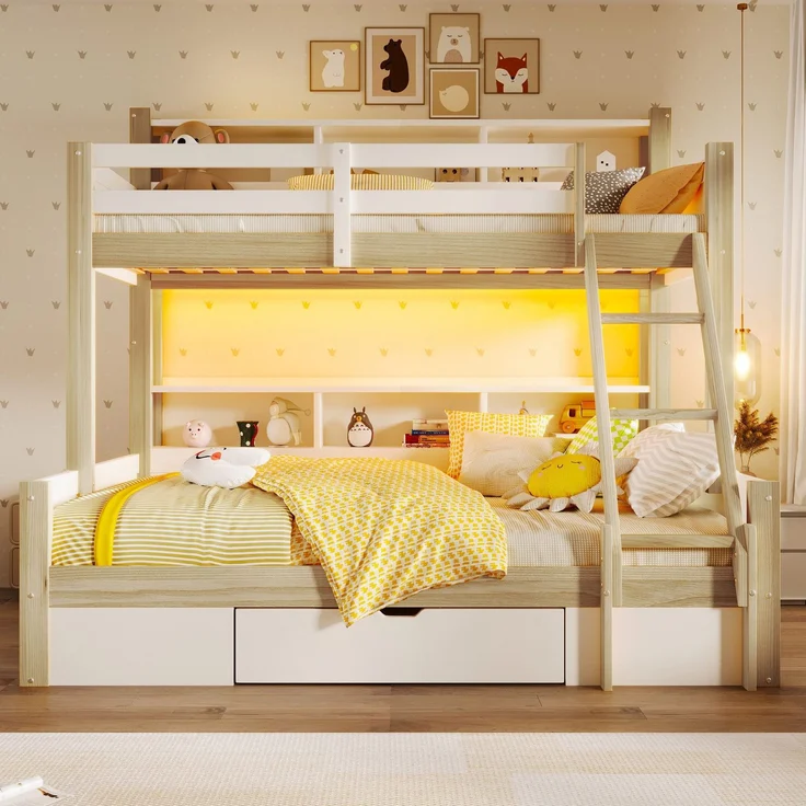 Etagenbett mit 2 Liegeflächen, LED-Beleuchtung, Schubladen, Regal, Rausfallschutz, Lattenrost, 90x200cm/140x200cm, Kinderbett, Massivholz – Bild 2