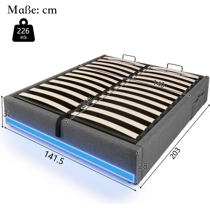 Futonbett mit LED-Beleuchtung, Aufbewahrung und Mehrfachsteckdose, 140x200 cm, Doppelbett ohne Kopfteil, Leinen – Bild 5