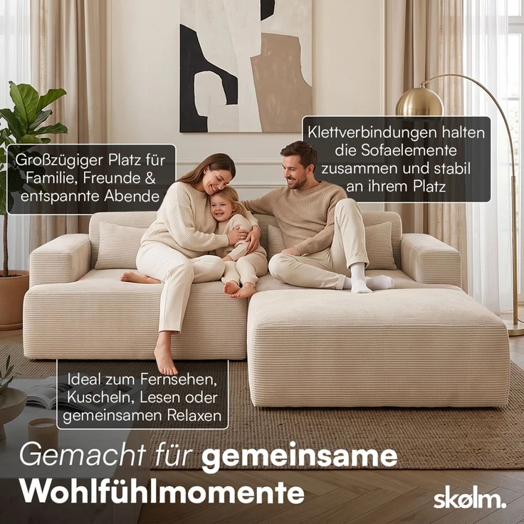 skølm 'Freki' Cloud Sofa 2 Sitzer mit Hocker, Vollschaumcouch mit Federkern und Vakuum-Kompression, kein Aufbau erforderlich, mit 2 Kissen, Cord beige – Bild 4