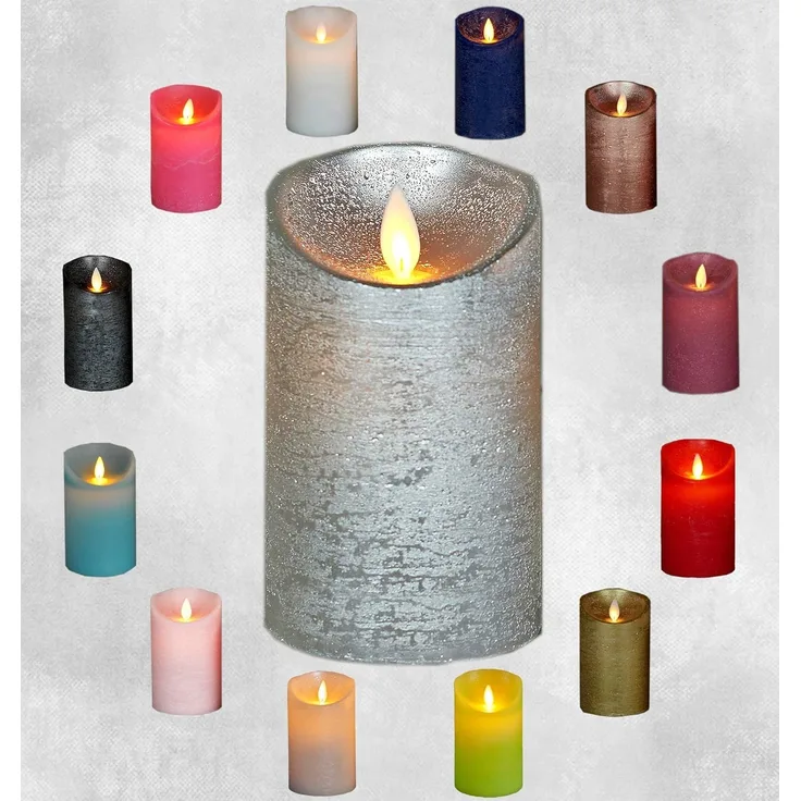 LED Echtwachskerze - Silber Rustik - D7,5cm / H15,0cm - mit Wackelflamme - Batteriebetrieben - Timerfunktion - Weihnachtsdeko