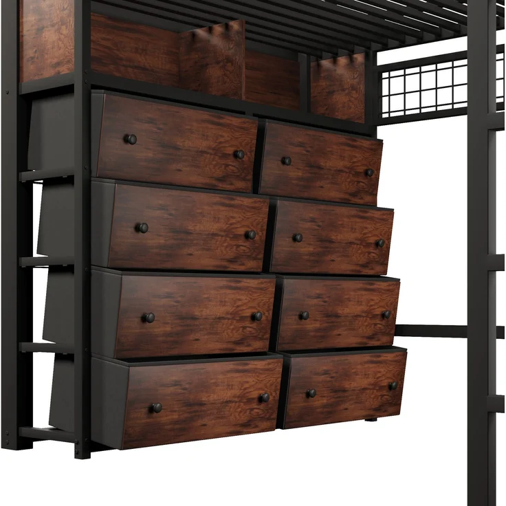 U-life Metall-Hochbett 140x200 cm mit 8 Schubladen, LED-Beleuchtung, Regalen, Lochwand und Lattenrost, Schwarz – Bild 6