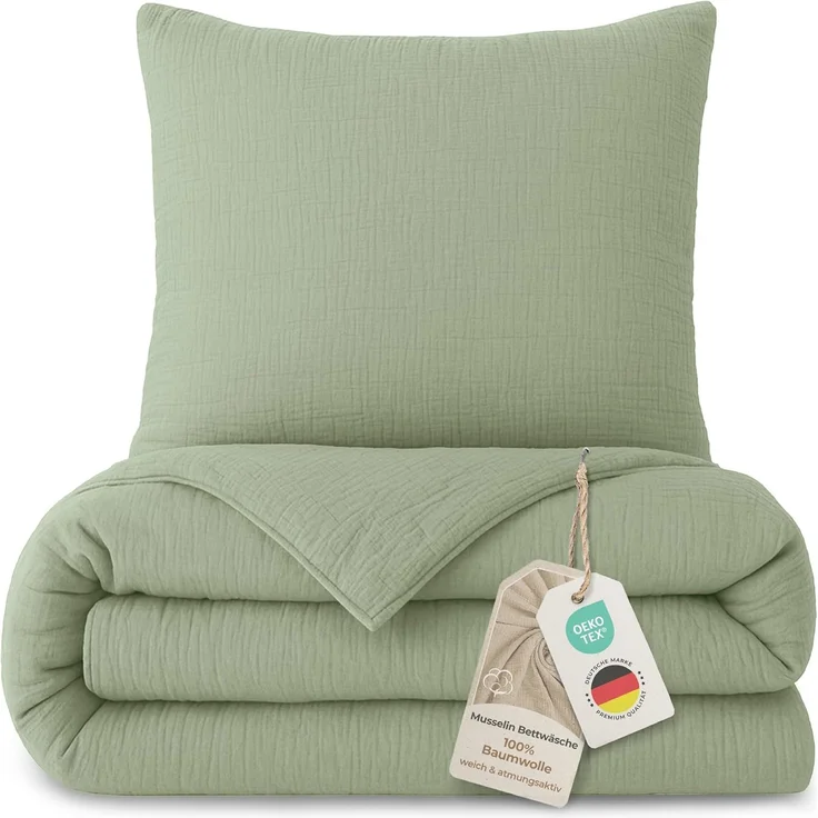 Laynenburg Bettwäsche Musselin aus 100% Baumwolle in 135x200 oder 155x220 cm, atmungsaktiv & bügelfrei – 3 lagig mit Reißverschluss & Haltebändern – Bild 1