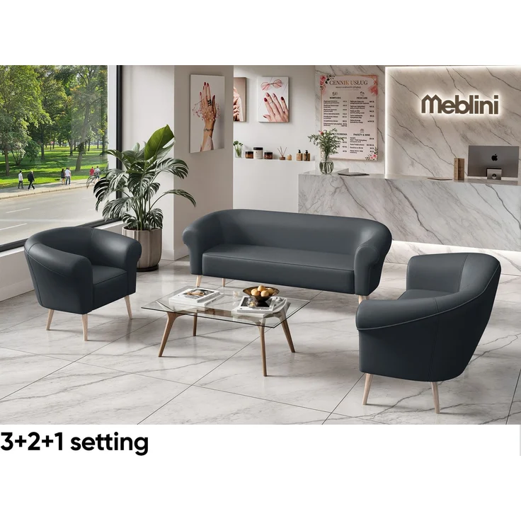 MEBLINI Sofa-Set EMILIA 3+2+1 - Dunkelgrau Kunstleder - für Wohnzimmer - Mini Lounge für sechs Personen - Küchensofa - Sofa Klein - Sitzgarnitur - Polstergarnitur - Sofagarnituren – Bild 2