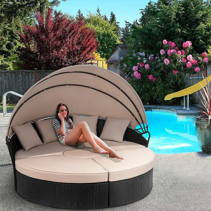 Polyrattan Sonneninsel 180cm Gartenmuschel Sonnenliege Loungebett schwarz/creme – Bild 3