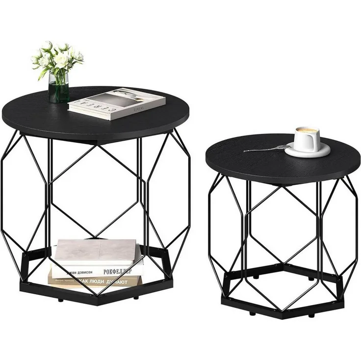 Woltu Couchtisch-Set, Rund, Schwarz, Holzwerkstoff und Metall, Gittergestell, 50x45x50 cm, Mehrzwecktisch für Wohnzimmer