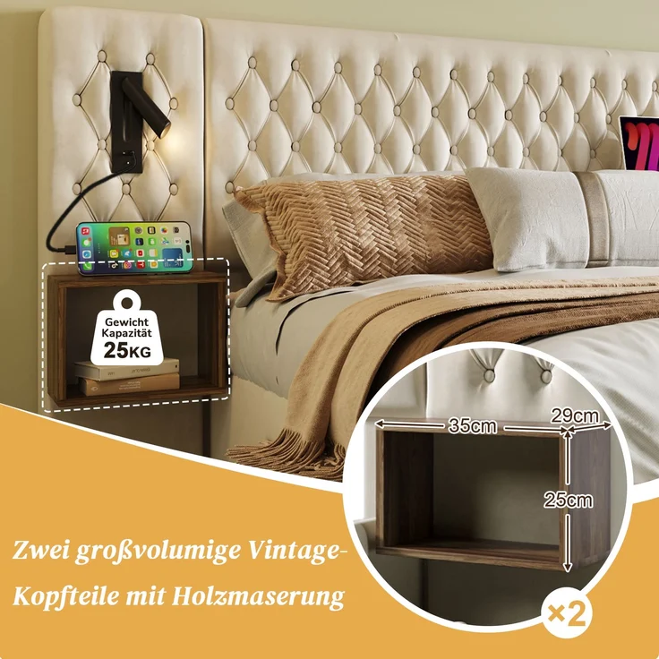 Polsterbett 180x200 cm Beige mit Kopfteil, Nachttischen, LED-Leselampe & Stauraum, hydraulisch verstellbar, USB Type-C Ladefunktion – Bild 7