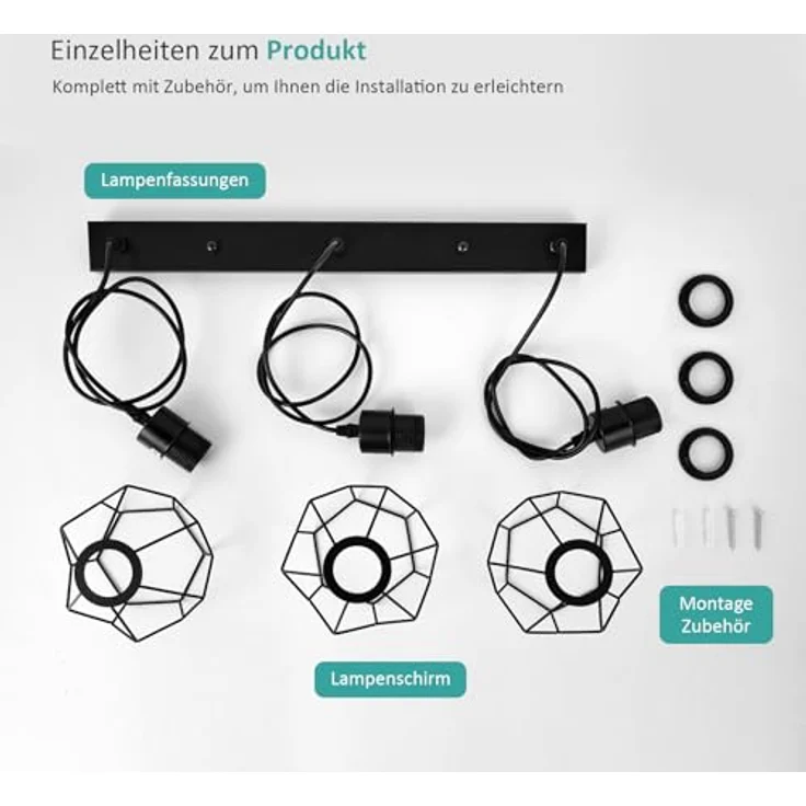EMKE Pendellampe Pendelleuchte 3 flammig Hängelampe, Vintage Hängeleuchte Esszimmer Esstisch Lampenschirm Licht, E27 Lampe Hängend Küche Wohnzimmer Pendellampen Schwarz – Bild 7