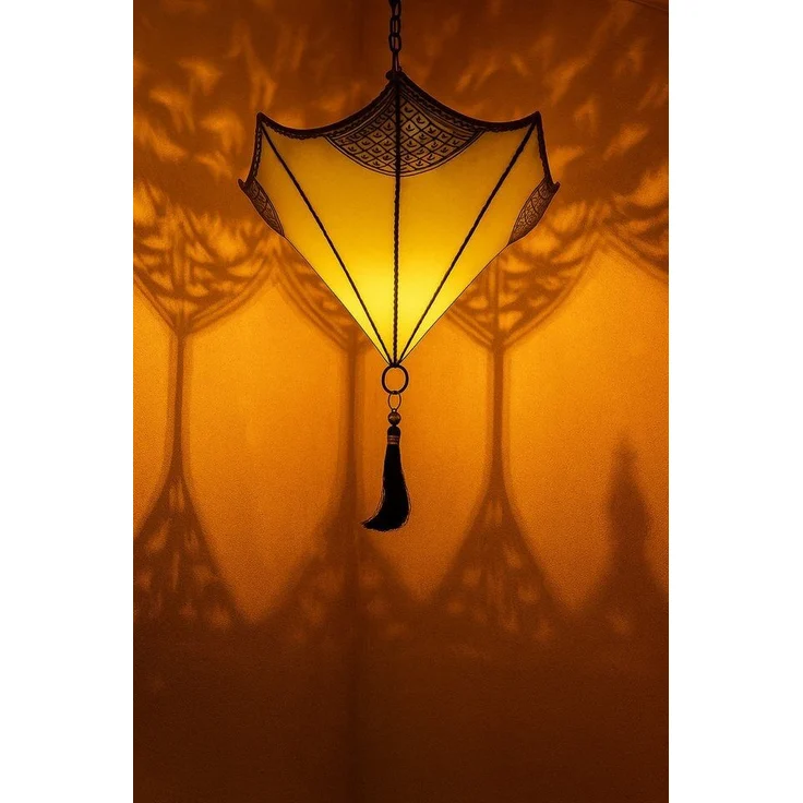 Marrakesch Orient & Mediterran Interior Pendelleuchte Deckenlampe Berfu aus Leder Beige-Gelb 50cm, Mediterrane Lederlampe, ohne Leuchtmittel, Handarbeit – Bild 3